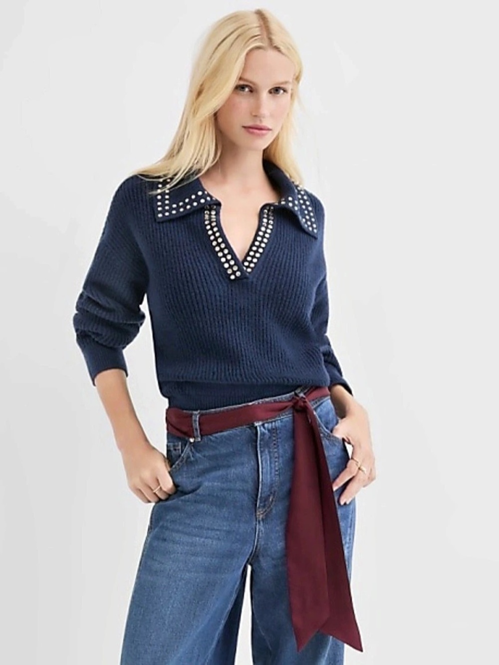 NWT LOFT Studded Ribbed Collared Split Neck Sweater Blue Medium